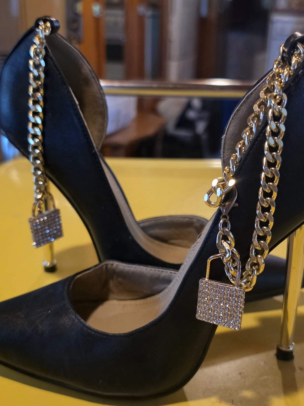 Black High Heels with Gold Chain and Crystal Padlock Accent